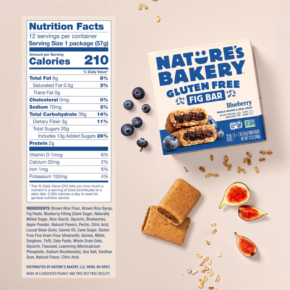 Nature's Bakery soft-baked fig bars close-up with blueberries.
