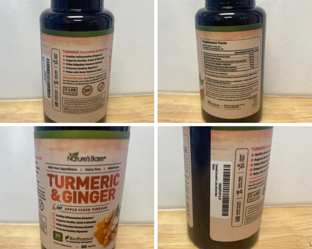 Nature's Base turmeric-ginger supplement bottle on kitchen table, supports daily wellness routine