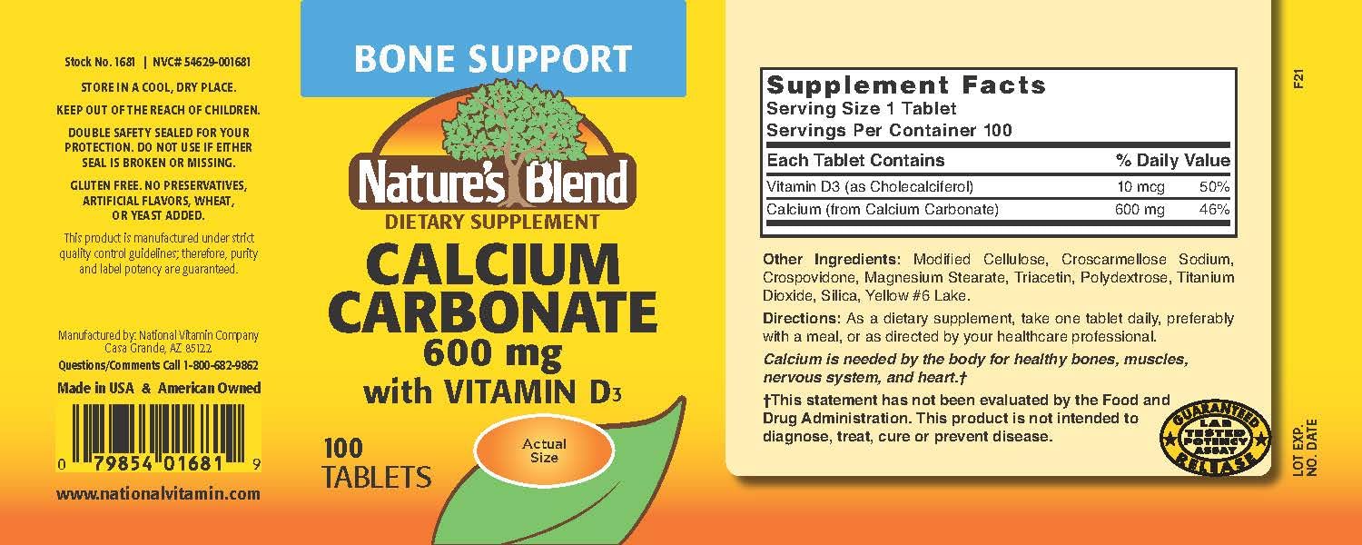 Close-up of Nature's Blend label showing calcium 600 mg and D3 400 IU