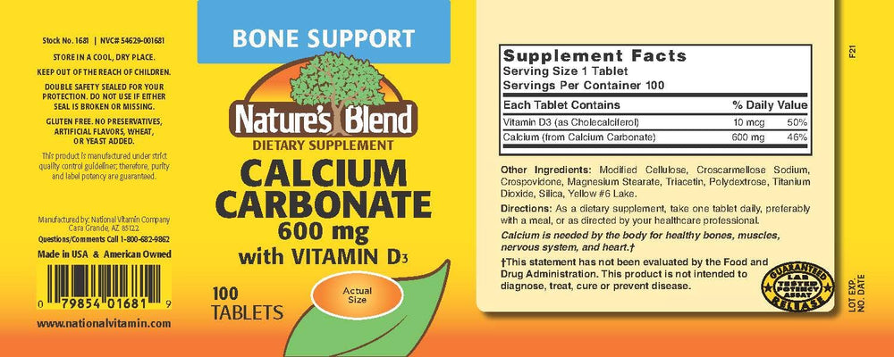 Close-up of Nature's Blend label showing calcium 600 mg and D3 400 IU