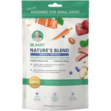 Nature's Blend Dr. Marty freeze-dried raw dog food for small breeds, convenient and flavorful.