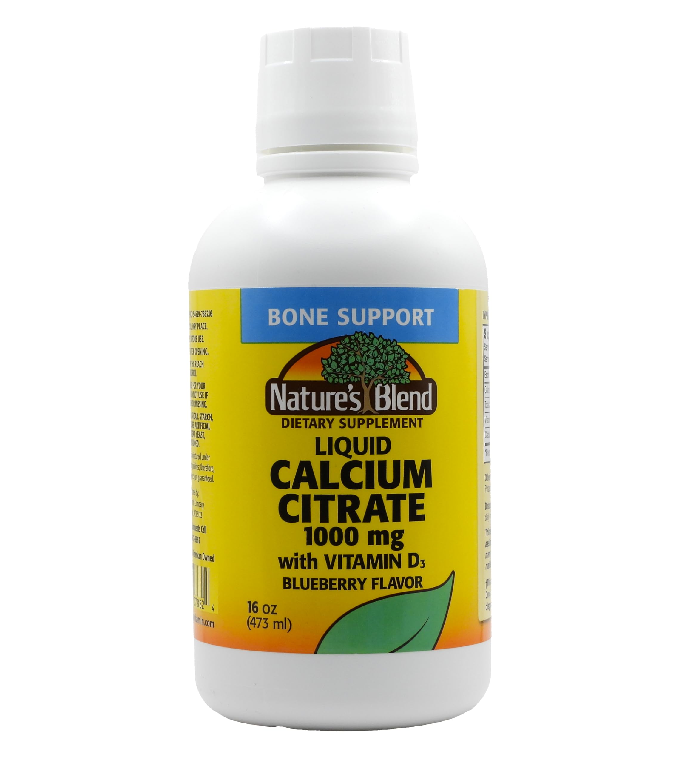 Nature's Blend Liquid Calcium Citrate Blueberry bottle front supports bone health with tasty flavor.