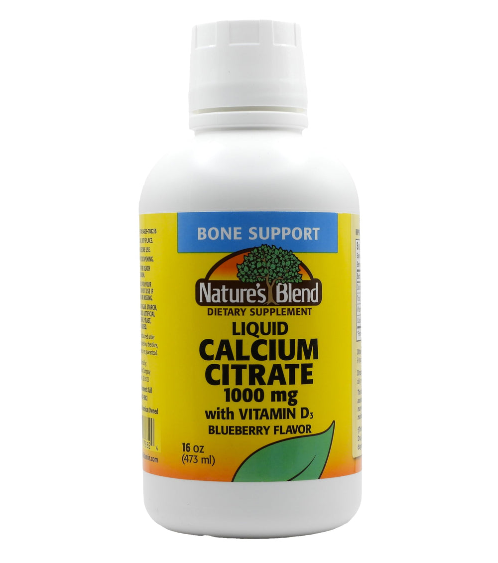 Nature's Blend Liquid Calcium Citrate Blueberry bottle front supports bone health with tasty flavor.