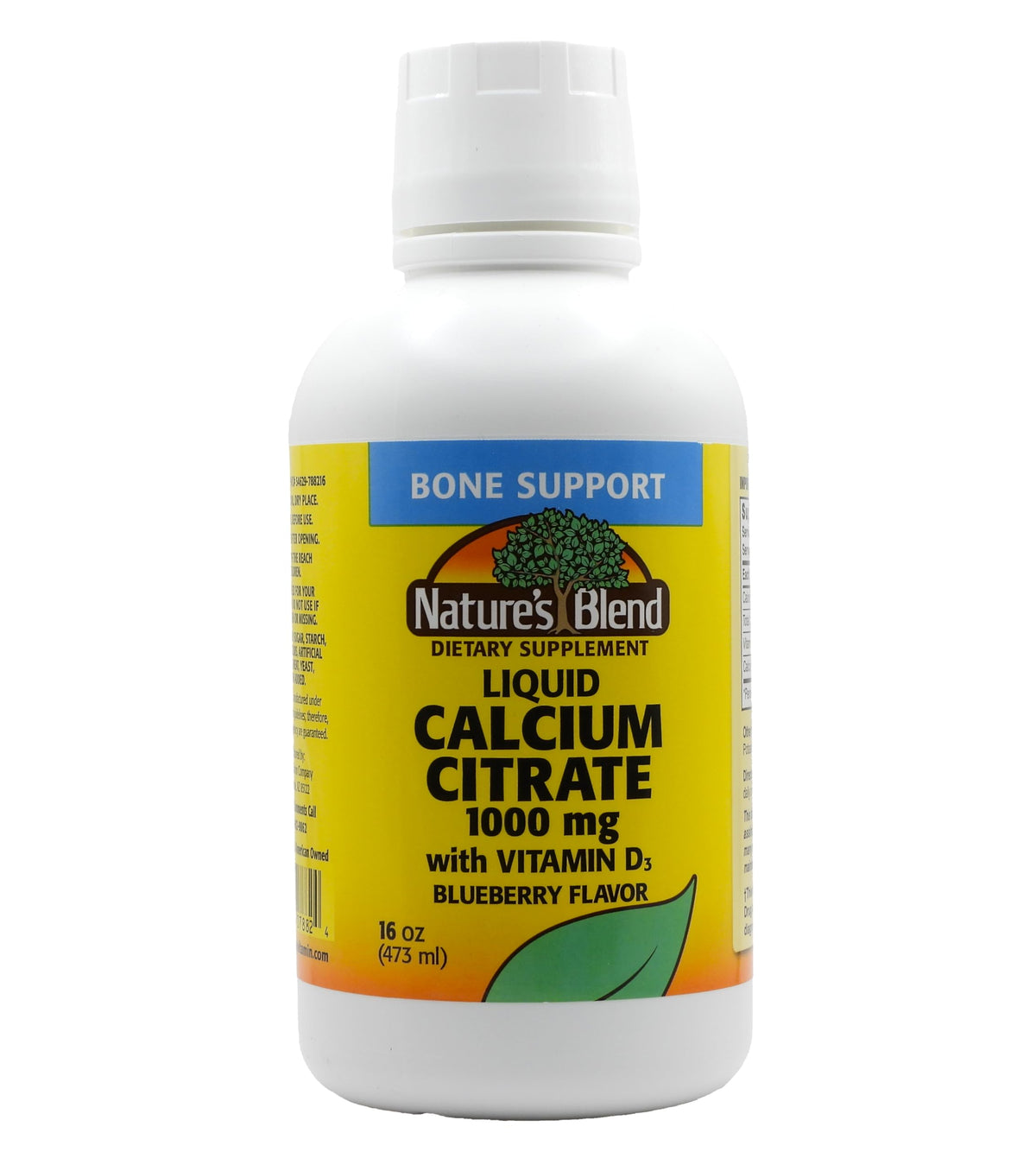 Nature's Blend Liquid Calcium Citrate Blueberry bottle front supports bone health with tasty flavor.