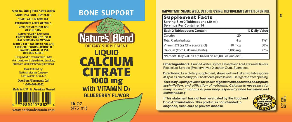 Nature's Blend Blueberry liquid calcium bottle pours for easy daily supplementation.