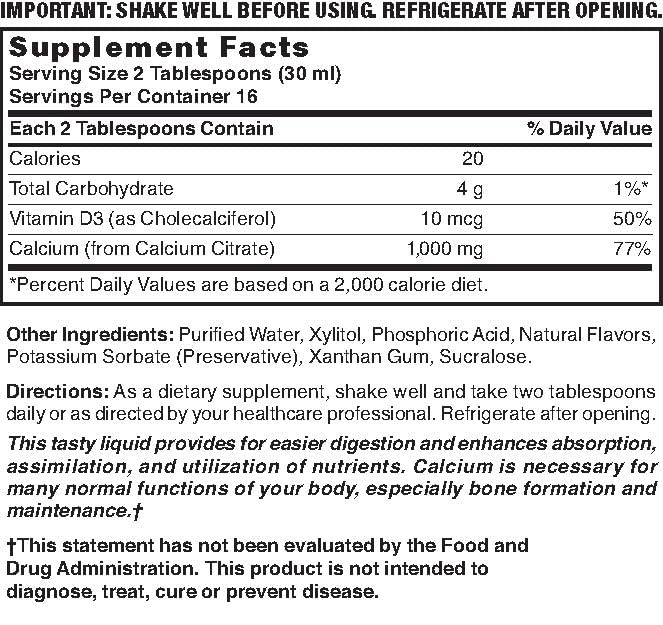 Nature's Blend Liquid Calcium Citrate Blueberry label highlights vitamin D3.