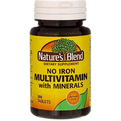 Nature's Blend No Iron tablets close-up of compact capsules.