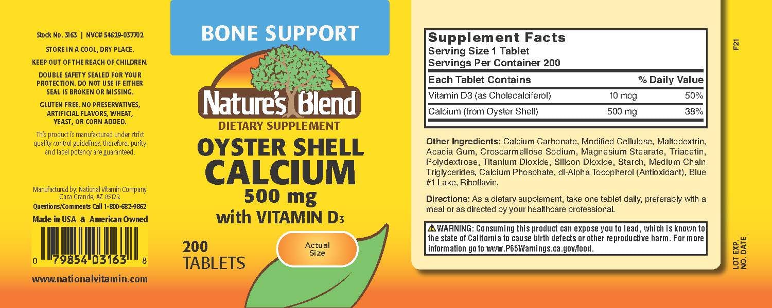 Closeup of Nature's Blend Oyster Shell Calcium with D3 tablets offering gluten-free supplement