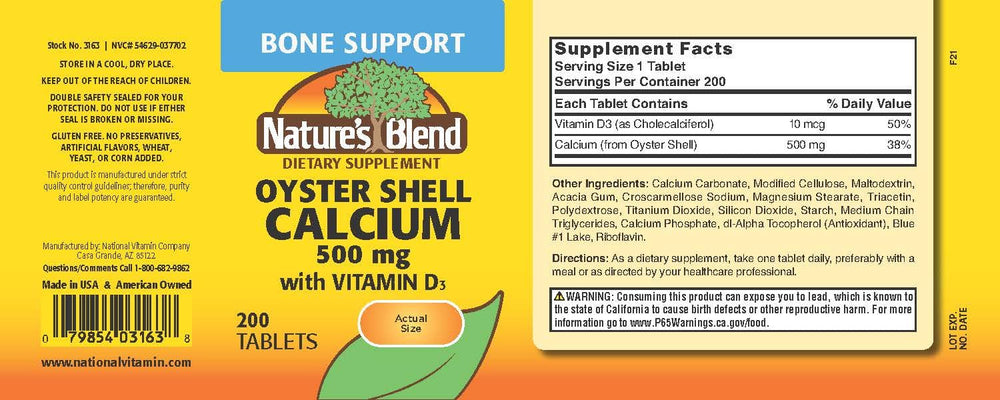 Closeup of Nature's Blend Oyster Shell Calcium with D3 tablets offering gluten-free supplement