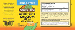 Closeup of Nature's Blend Oyster Shell Calcium with D3 tablets offering gluten-free supplement