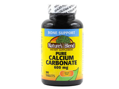 Nature's Blend calcium carbonate bottle with 600 mg tablets, glossy label for daily bone support