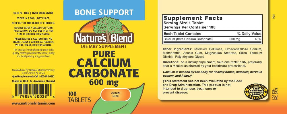 Nature's Blend calcium carbonate pack front with clear gluten-free labeling