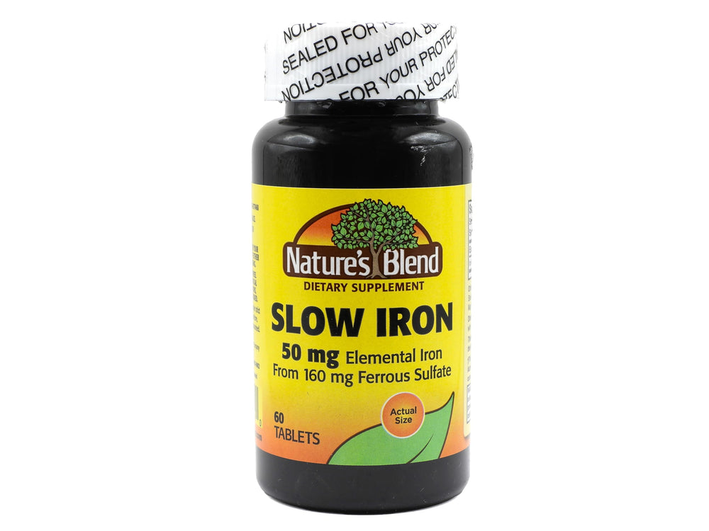Nature's Blend Slow Iron bottle front with compact packaging for daily use