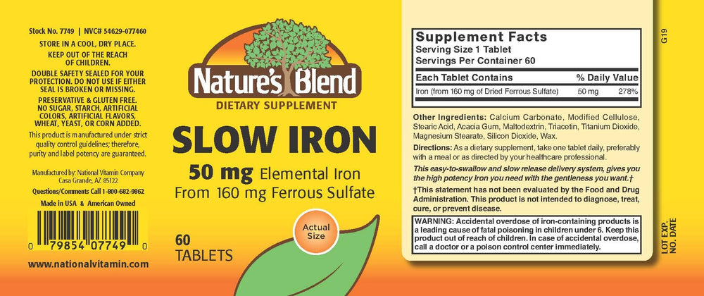 Nature's Blend Slow Iron label closeup highlights clear dosage information
