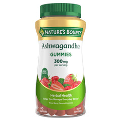 Nature's Bounty Ashwagandha Gummies bottle with mixed berry flavor promoting daily wellness.