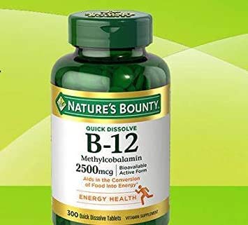 Nature's Bounty B-12 sublingual lozenge, fast-acting and cherry-flavored for daily use.