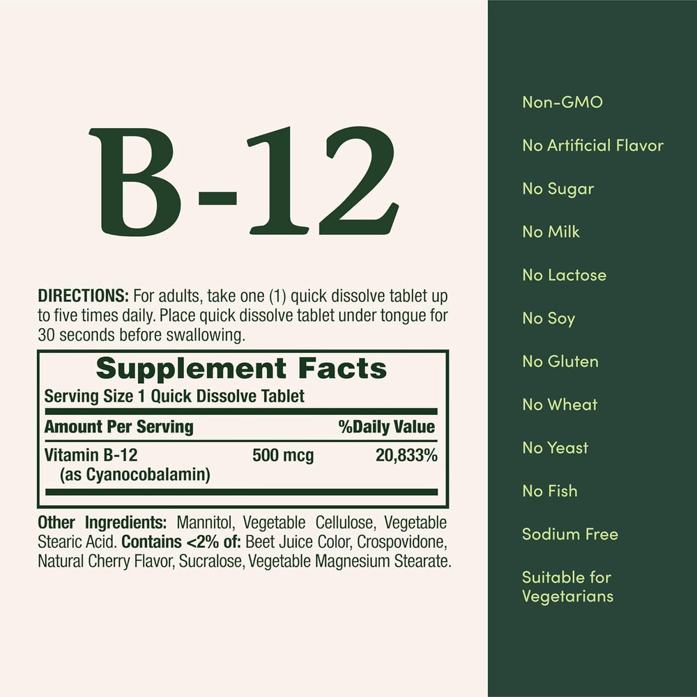 Nature's Bounty B-12 dissolve tablets melt quickly for on-the-go use.