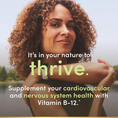 Label close-up of Nature's B12 Gummies showing non-GMO and no artificial flavors.