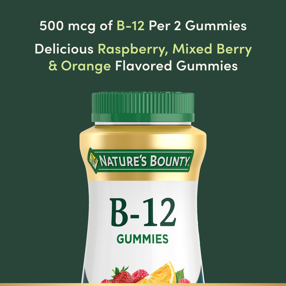 Nature's Bounty B12 Gummies mixed berry flavor close-up for daily nutrition.