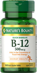 Nature's Bounty B12 microlozenge packaging for 500 mcg supports daily energy.