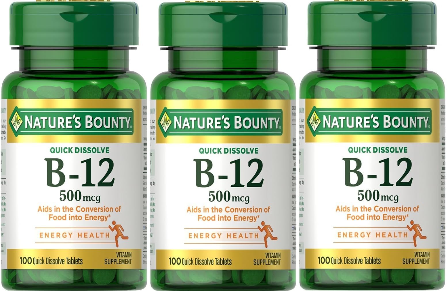 Nature's Bounty B-12 quick dissolve tablets in three 100-count bottles for convenient daily use.