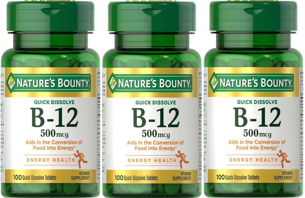 Nature's Bounty B-12 quick dissolve tablets in three 100-count bottles for convenient daily use.