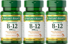 Nature's Bounty B-12 quick dissolve tablets in three 100-count bottles for convenient daily use.