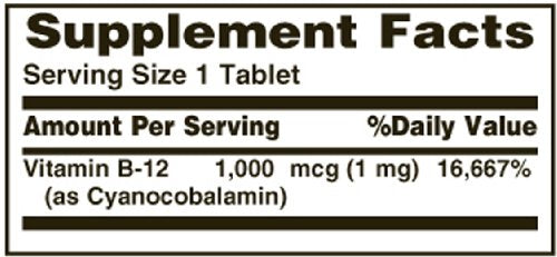 Nature's Bounty B-12 tablets bottle side angle for easy swallowing coating.