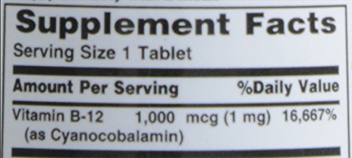 Nature's Bounty B-12 tablets bottle with clear label on display.