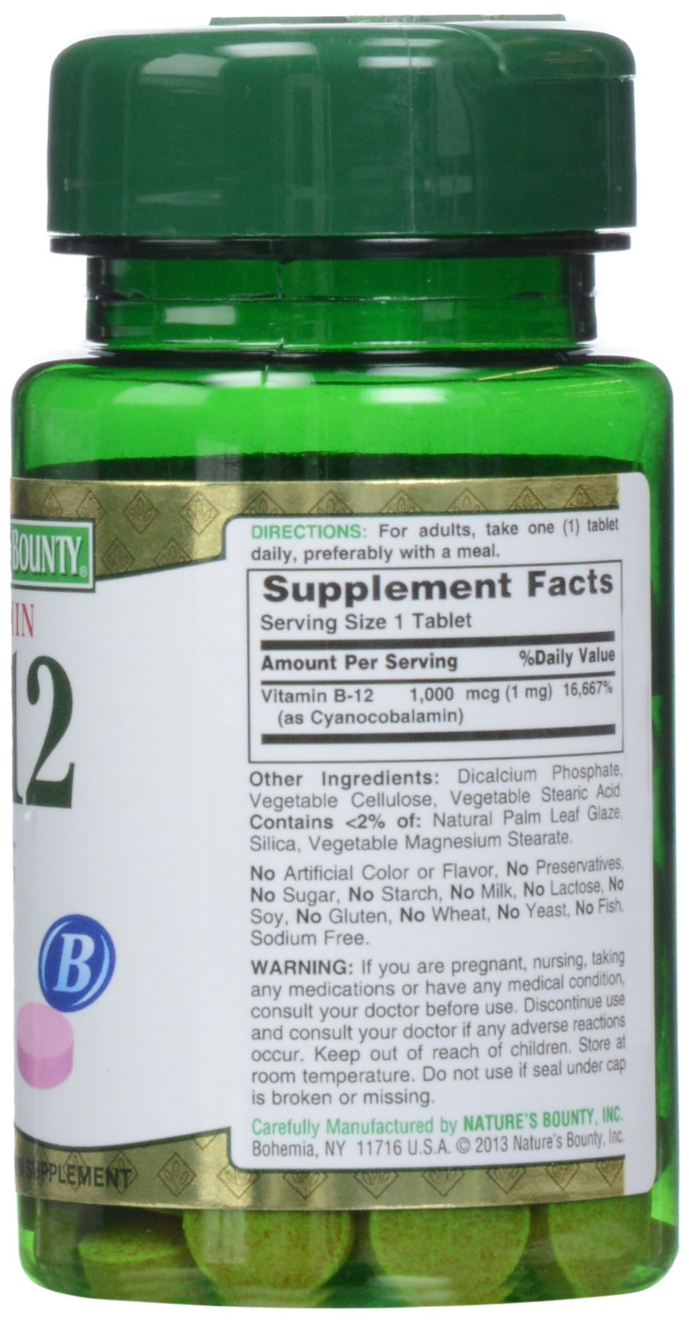 Nature's Bounty B-12 tablets daily dose image encourages routine supplementation.