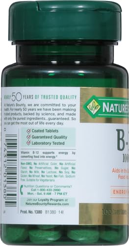 Nature's Bounty B-12 tablets 100-count label emphasizes value.
