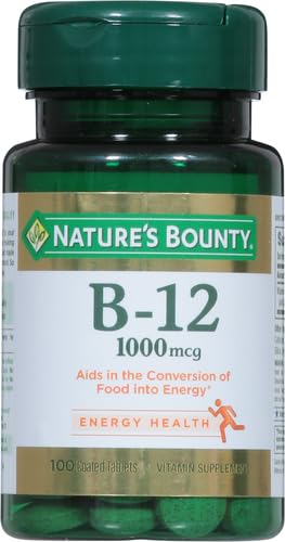 Nature's Bounty B-12 tablets label closeup showing 1000 mcg potency.