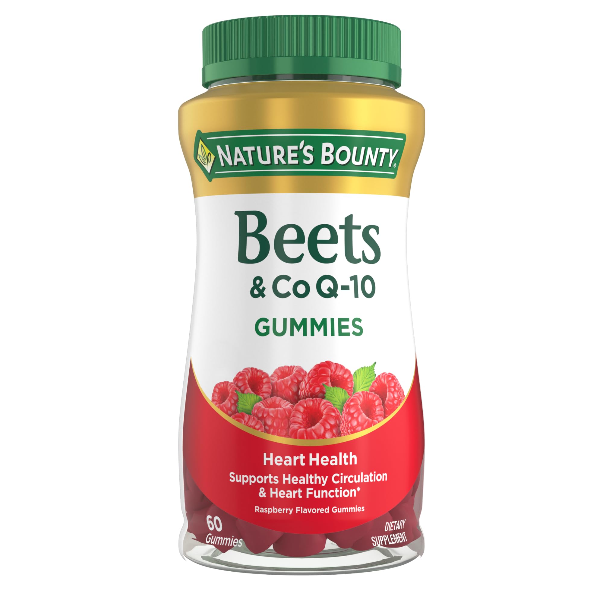 Nature's Bounty Beets & CoQ10 Gummies bottle front in raspberry flavor for heart support