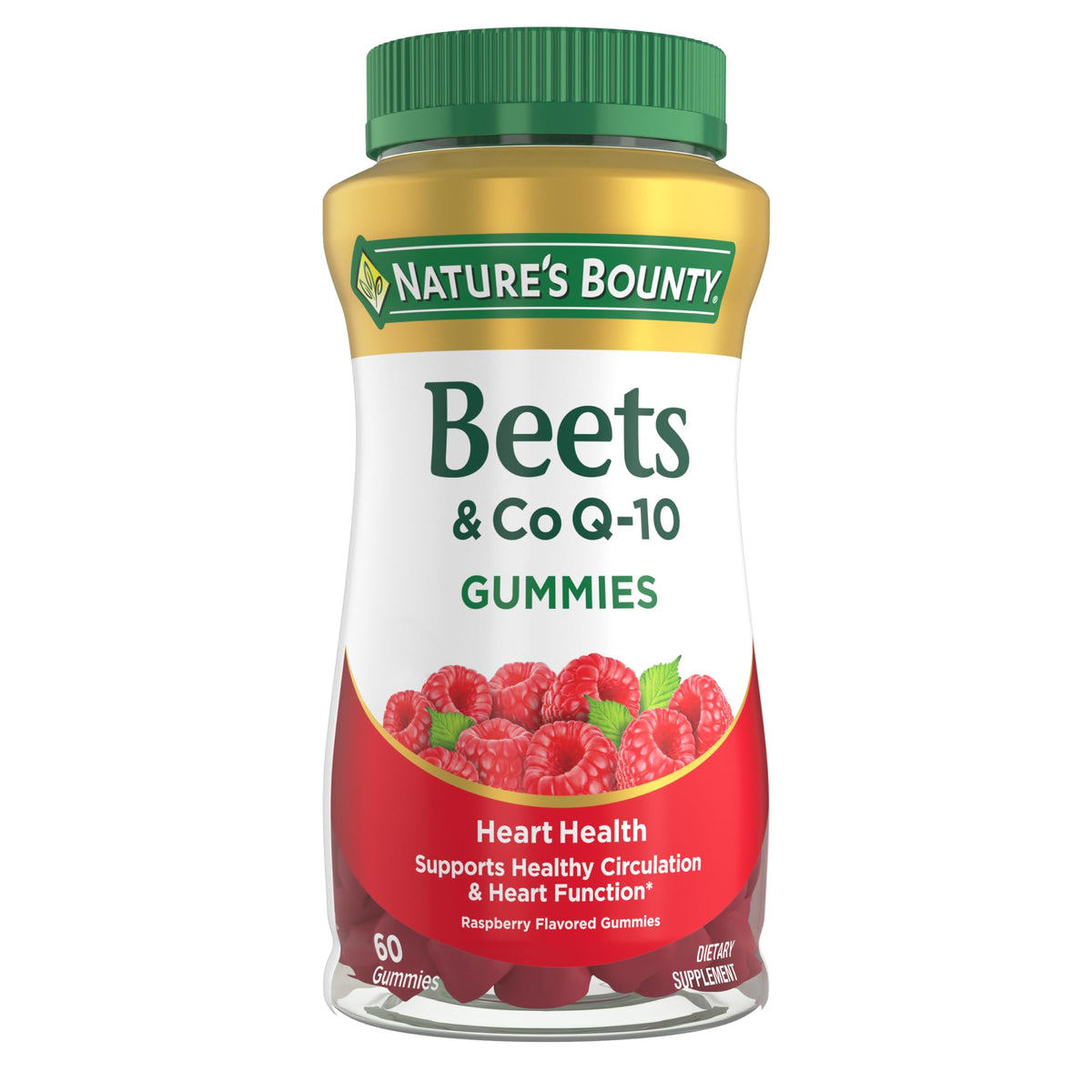 Nature's Bounty Beets & CoQ10 Gummies bottle front in raspberry flavor for heart support