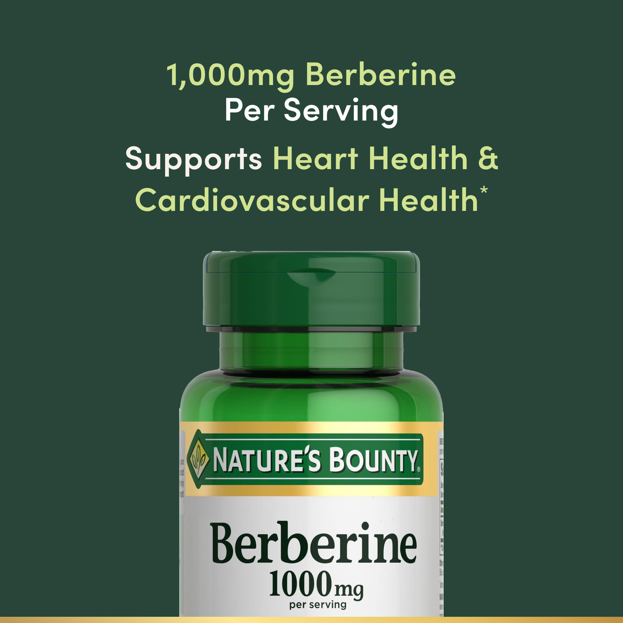 Nature's Bounty Berberine 1000mg bottle pour, illustrating easy daily intake.