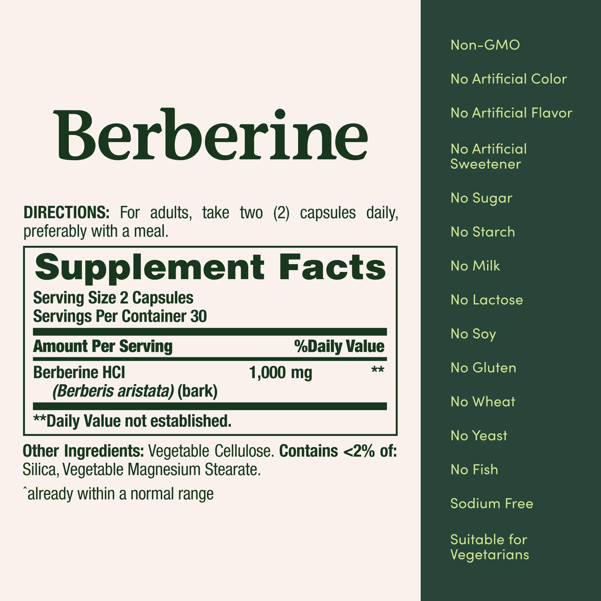 Label detail of Nature's Bounty Berberine 1000mg showing Berberis aristata source.