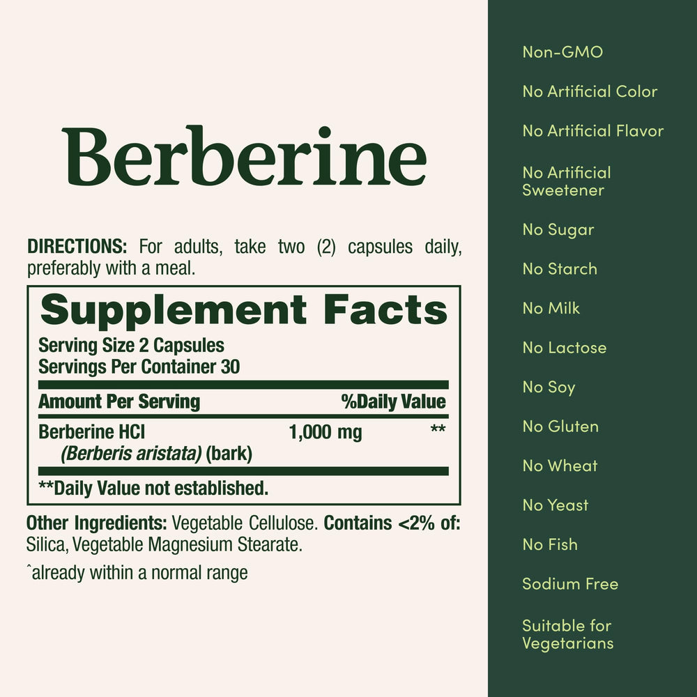 Label detail of Nature's Bounty Berberine 1000mg showing Berberis aristata source.