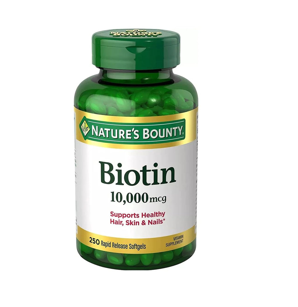 Nature's Bounty Biotin 10,000 mcg softgel bottle supports hair, skin and nails.
