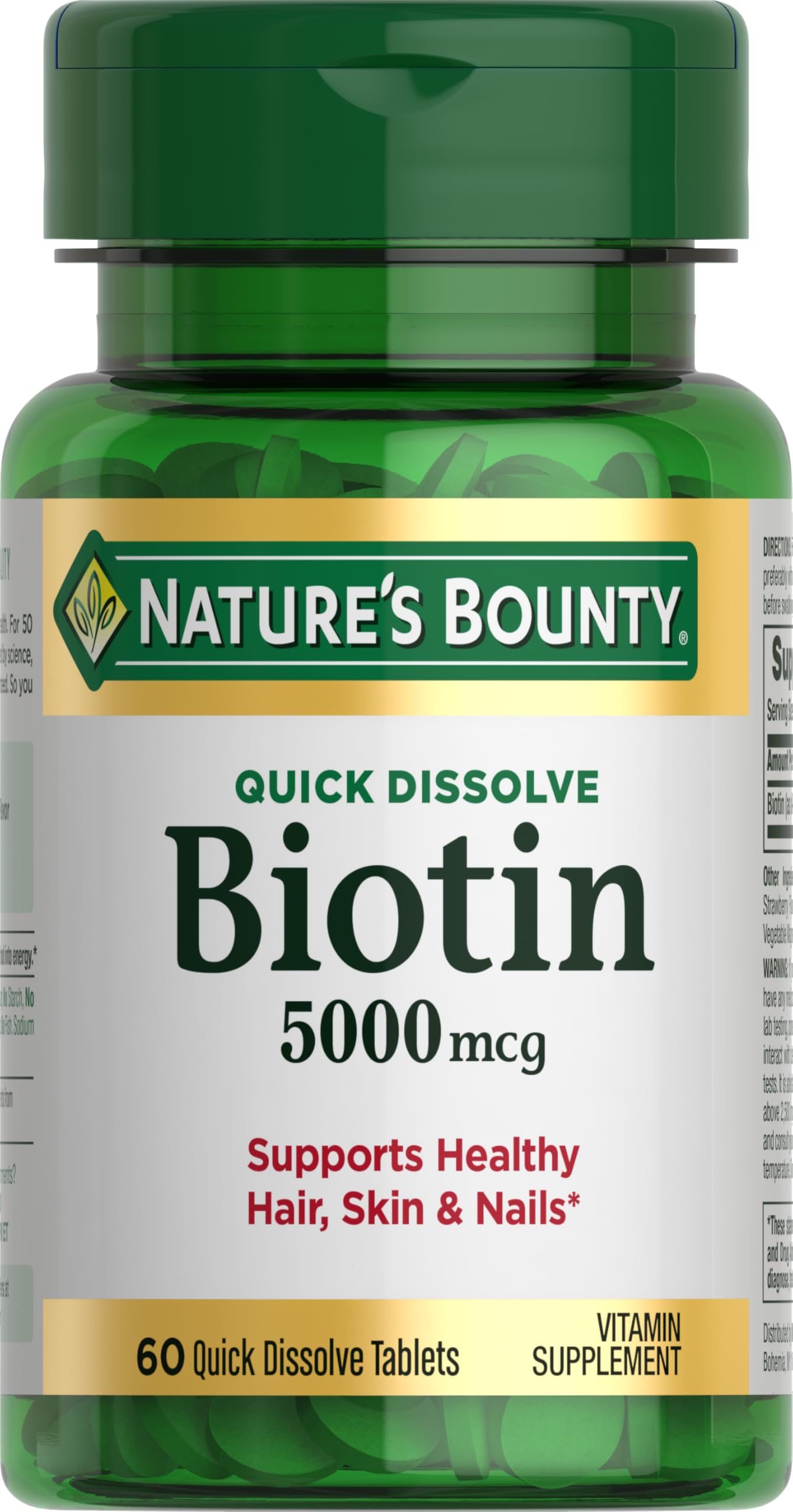 Nature's Bounty Biotin 5000 mcg bottle shows strength for daily beauty support.