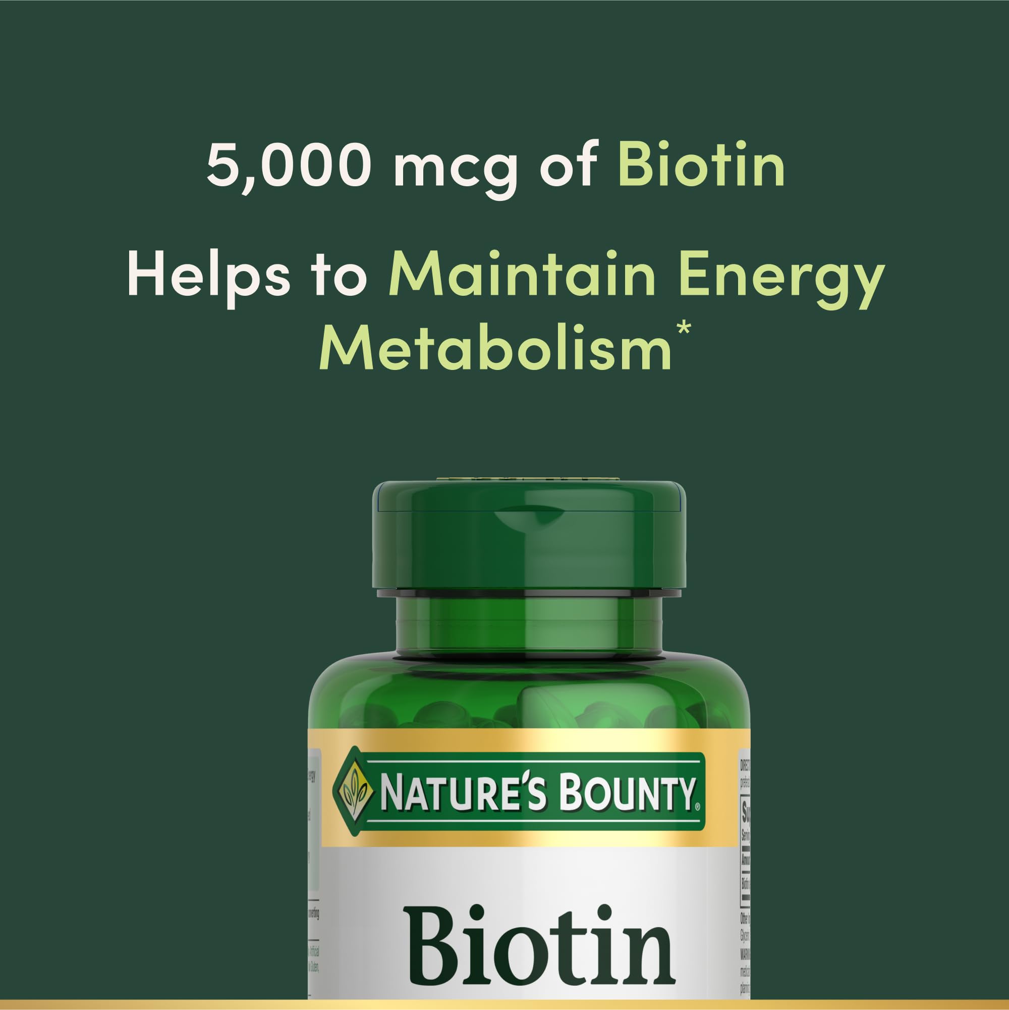 Nature's Bounty Biotin bottle label view highlighting gluten-free and non-GMO purity