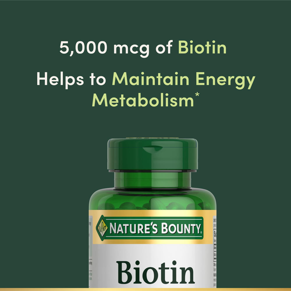 Nature's Bounty Biotin bottle label view highlighting gluten-free and non-GMO purity