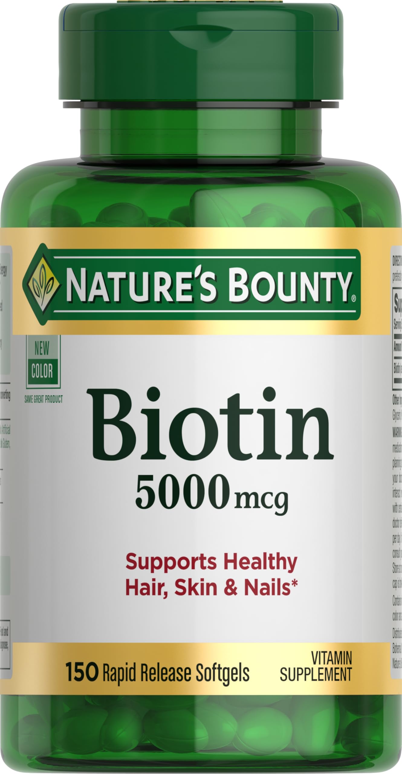 Nature's Bounty Biotin 5000 mcg softgels in bottle for daily hair and nail support