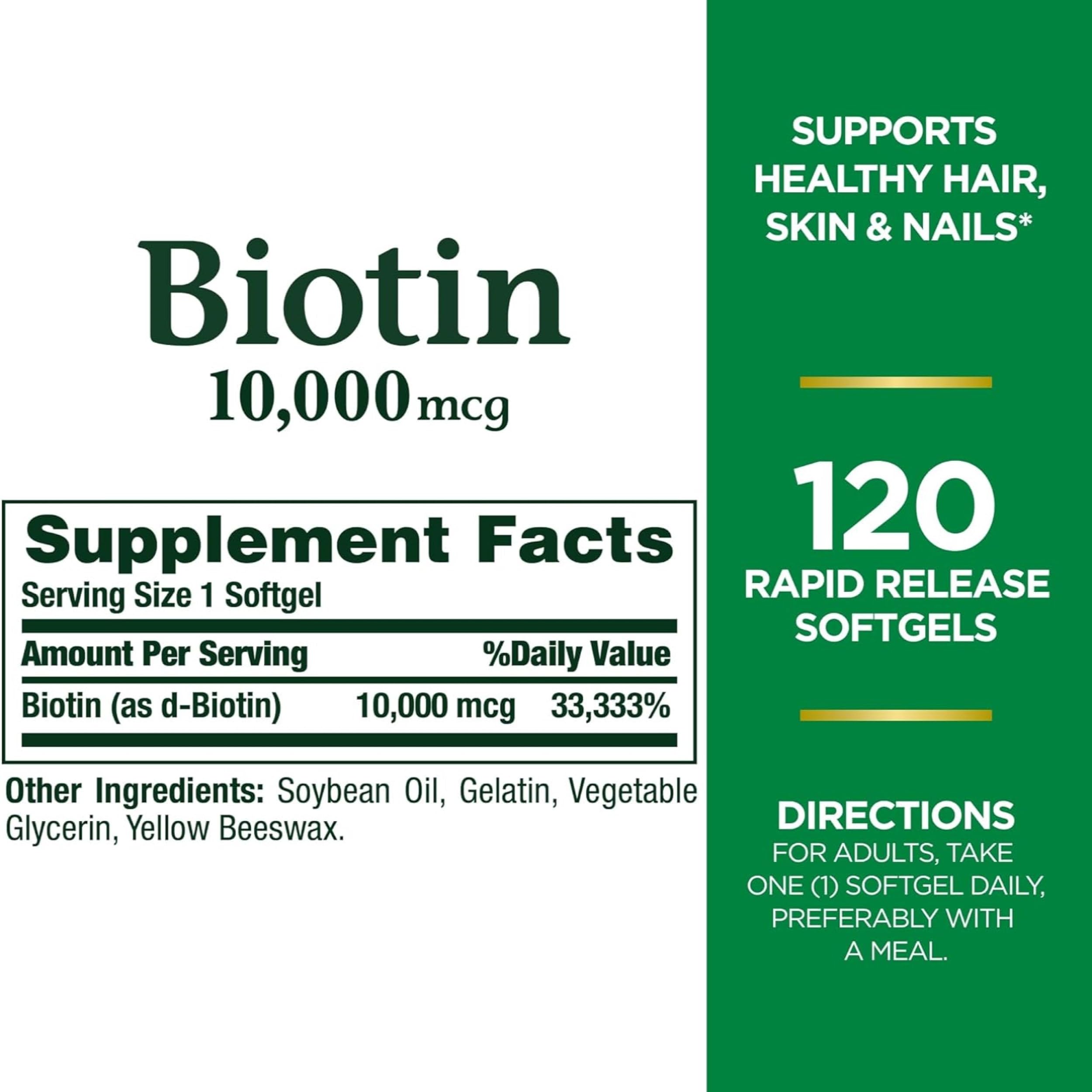 Nature's Bounty Biotin hair, skin, nails focus supporting a healthy glow.