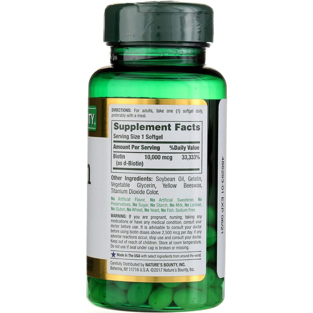 Nature's Bounty Biotin easy-to-swallow softgels for daily use.