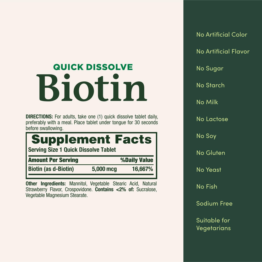 Biotin from Nature's Bounty is gluten-free, dairy-free, soy-free, and sodium-free.