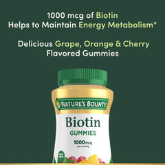 Nature's Bounty Biotin Gummy flavors showcase grape, orange, cherry.