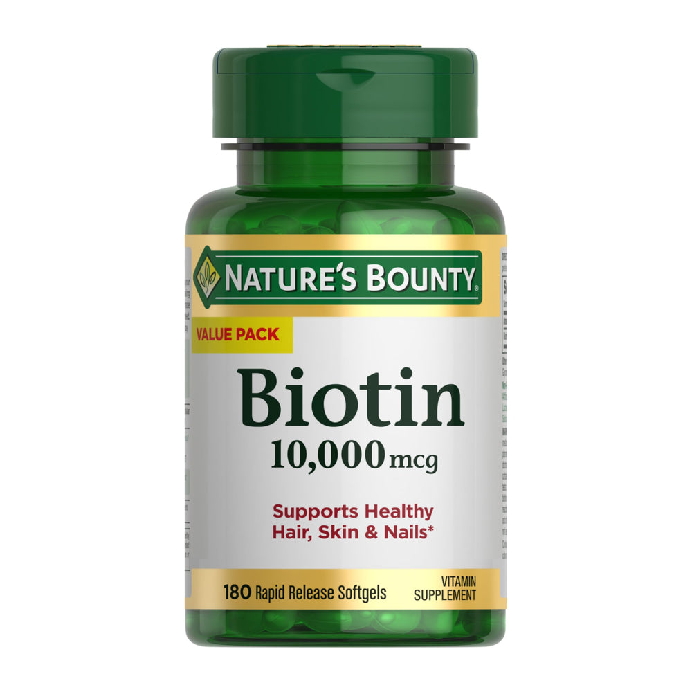 Nature's Bounty Biotin rapid-release softgels support healthy hair, skin, and nails.
