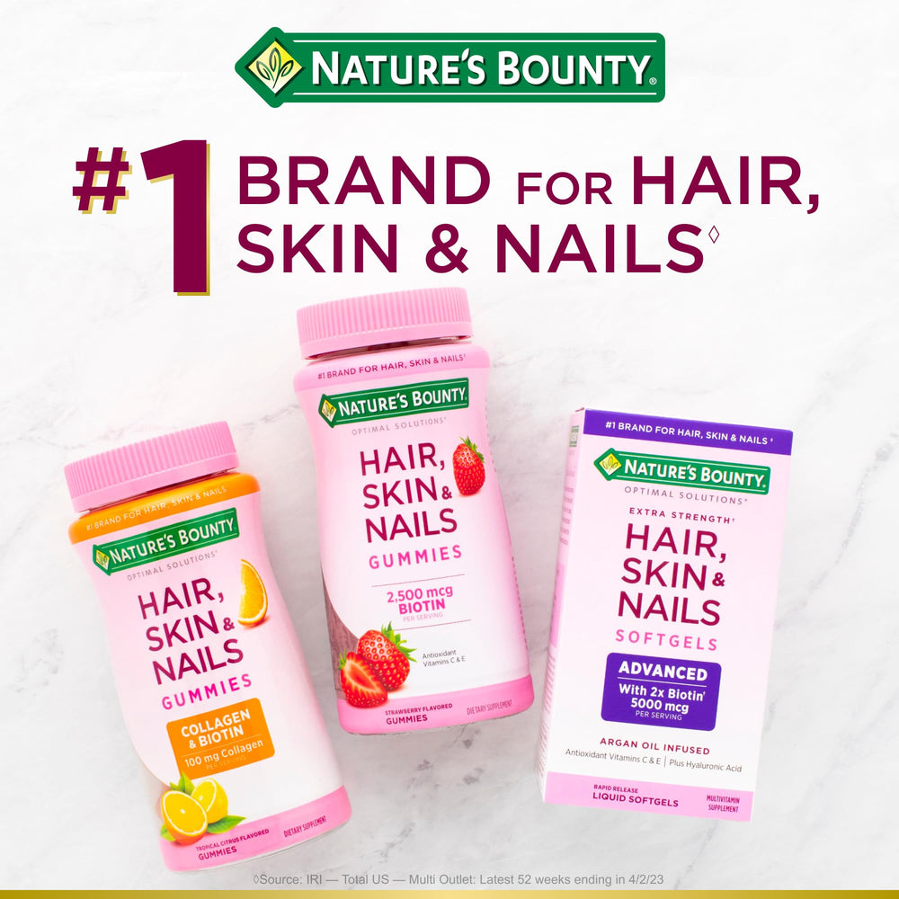 Bottle on vanity showing Biotin for radiant hair, skin, and nails.
