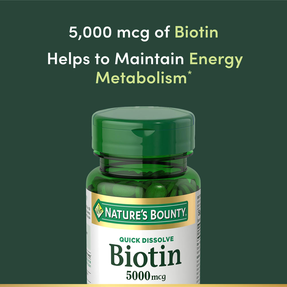 Biotin aids healthy hair, skin, and nails with regular use by Nature's Bounty.