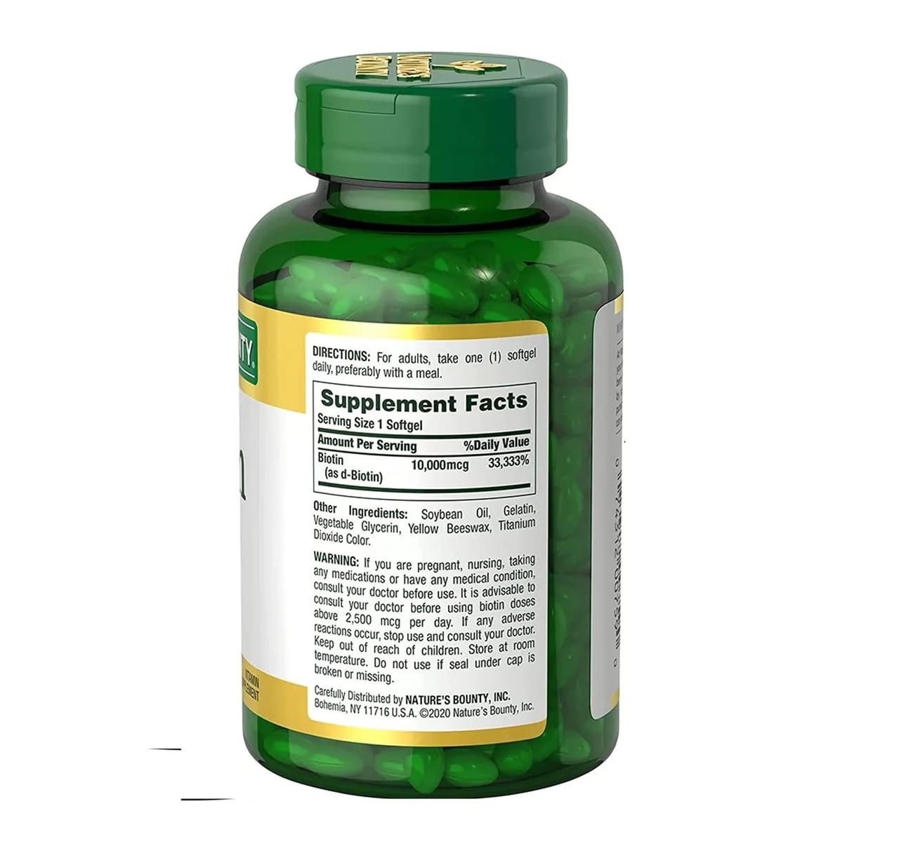 Nature's Bounty Biotin packaging communicates quality with gluten-free claim.